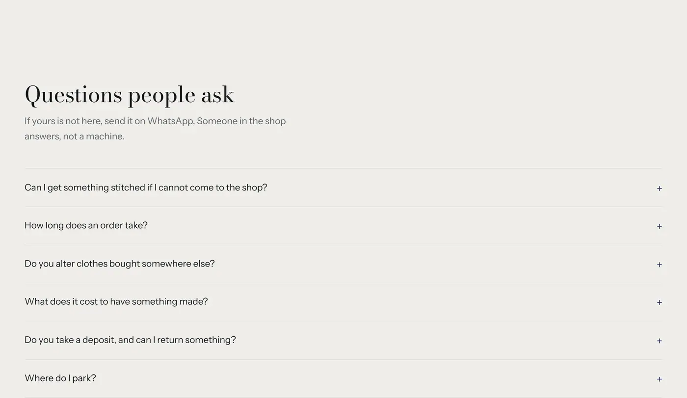 The questions section, listing what customers ask before they visit, from lead times to alterations, deposits and parking.