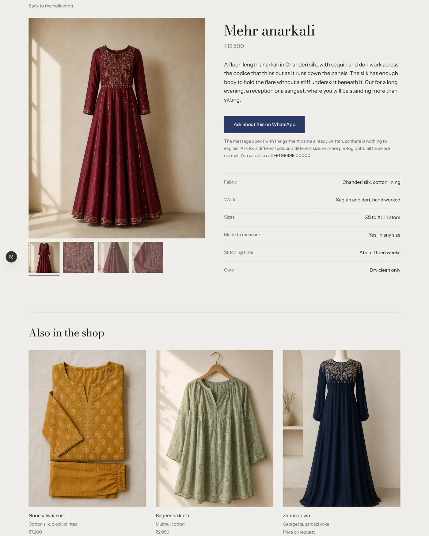 A garment page, with the fabric and finish described beside the photograph.