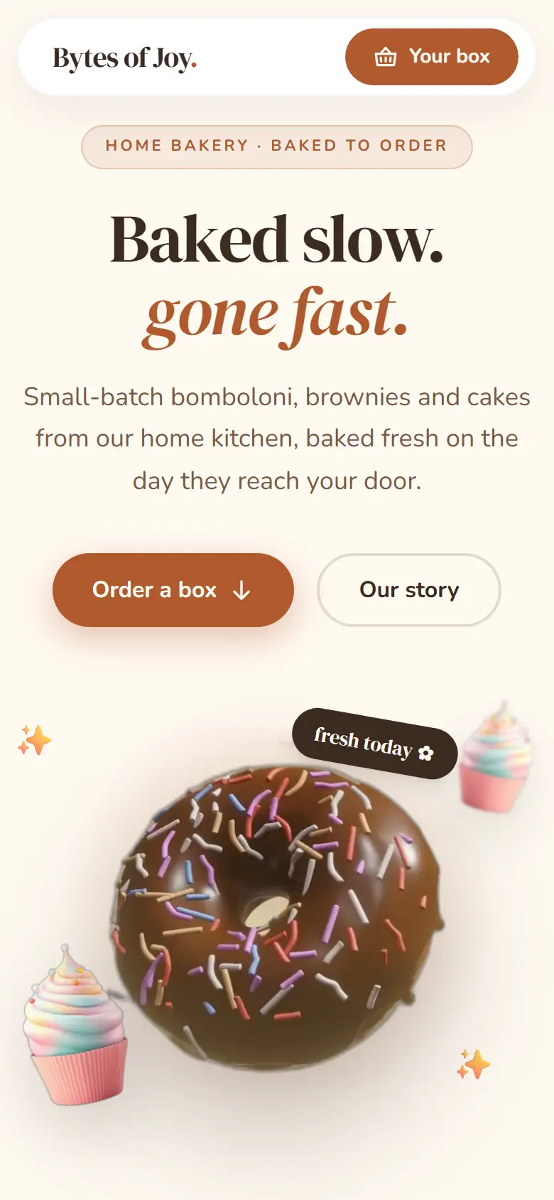 The same Bytes of Joy page on a phone, with the order button in reach of a thumb.