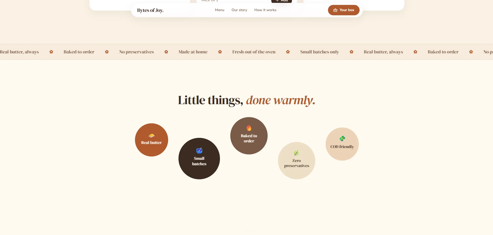 The Bytes of Joy values section, showing the bakery promises around freshness and ingredients.