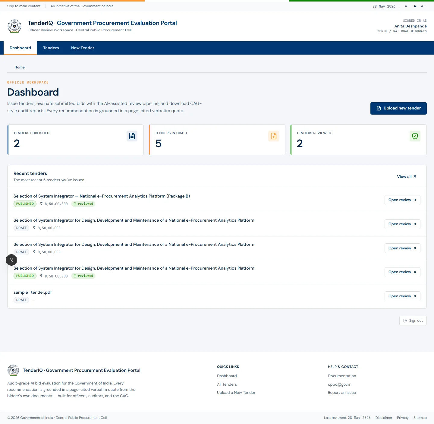 The TenderIQ officer dashboard, where submitted tenders and evaluation status are monitored.