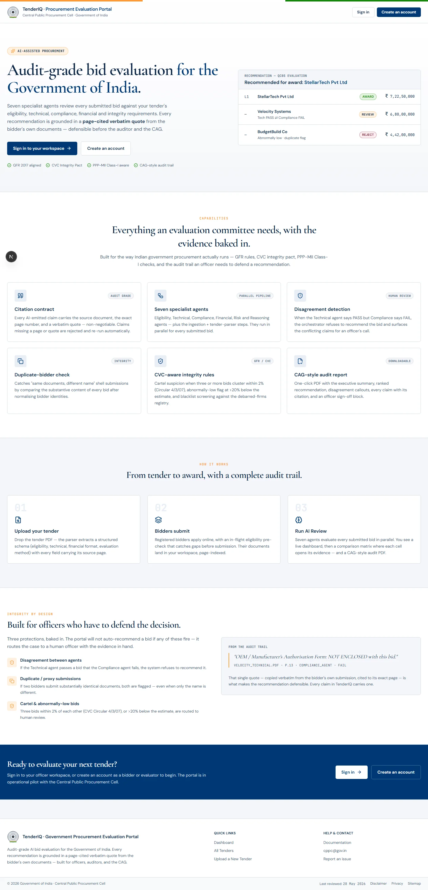 The TenderIQ landing page, introducing audit-grade bid evaluation for government procurement.